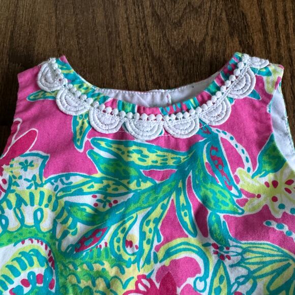 Lilly Pulitzer Baby Dress Size 6-12M Scallop Trim Pink Green Palm Leaf Floral - Picture 3 of 7